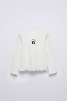 Футболка в рубчик с принтом в виде банта ZARA, красный