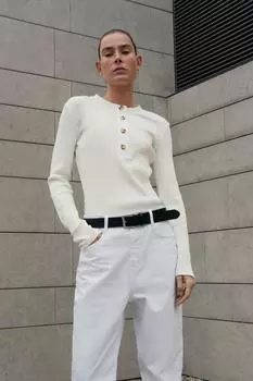 Футболка в рубчик с пуговицами ZARA, экрю