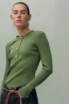 Футболка в рубчик с пуговицами ZARA, цвет Green/Ecru