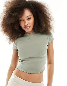 Футболка в рубчик с салатовой каймой с короткими рукавами Miss Selfridge