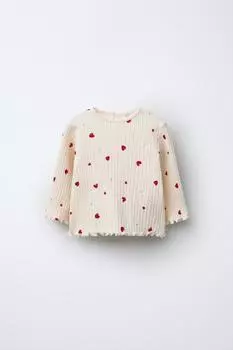 Футболка в рубчик с сердечками ZARA, цвет Light ecru