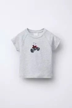 Футболка в рубчик с вишневым принтом ZARA, серый марл