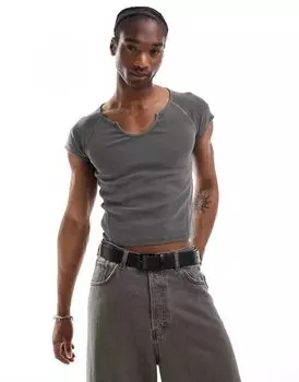 Футболка в рубчик с вырезом на горловине Reclaimed Vintage, темно-серый цвет