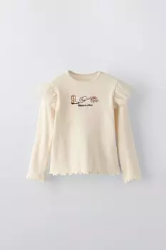Футболка в рубчик с вышитой и оборками ZARA, экрю
