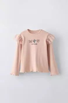 Футболка в рубчик с вышитой и оборками ZARA, бледно-розовый