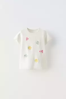 Футболка в рубчик с вышивкой ZARA, экрю