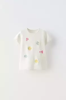 Футболка в рубчик с вышивкой ZARA, экрю