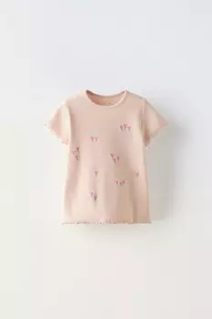 Футболка в рубчик с вышивкой ZARA, светло-розовый