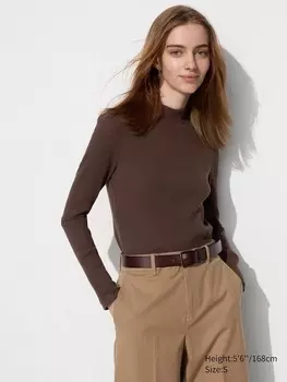 Футболка в рубчик с высоким воротом длинный рукав Uniqlo, коричневый