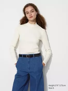 Футболка в рубчик с высоким воротом длинный рукав Uniqlo, белый
