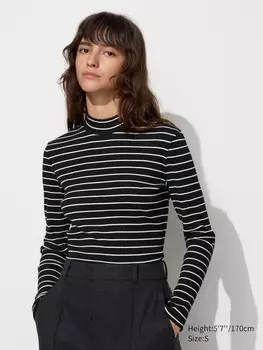 Футболка в рубчик с высоким воротом в полоску, длинный рукав Uniqlo, черный
