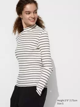 Футболка в рубчик с высоким воротом в полоску, длинный рукав Uniqlo, белый
