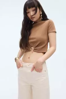 Футболка в рубчик с жемчужной отделкой H&M, бежевый