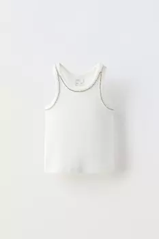 Футболка в рубчик со стразами ZARA, белый