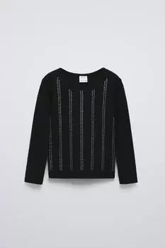 Футболка в рубчик со стразами ZARA, черный