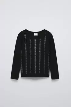 Футболка в рубчик со стразами ZARA, черный