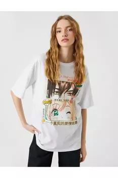 Футболка в стиле аниме Oversize с принтом и коротким рукавом с круглым вырезом Koton, экрю