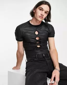 Футболка в стиле миди ASOS DESIGN из ткани с покрытием черного цвета с вырезами