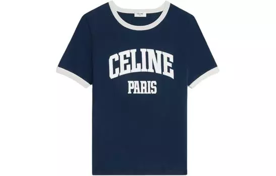 Футболка в стиле Парижа 70-х из хлопкового джерси CELINE, Marine Blue