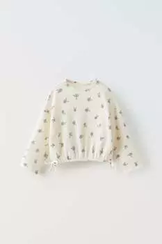 Футболка вафельного трикотажа с цветочным цветом ZARA, экрю