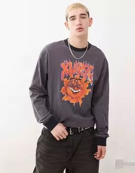 Футболка XLARGE с длинным рукавом и горящей графикой в угольном цвете