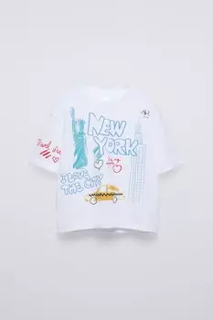 Футболка ZARA City, белый/бирюзовый