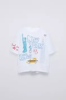 Футболка ZARA City, белый/бирюзовый