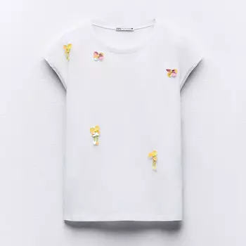 Футболка Zara Contrast Flower, белый