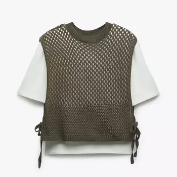 Футболка Zara Contrast With Chunky Knit Vest Detail, хаки