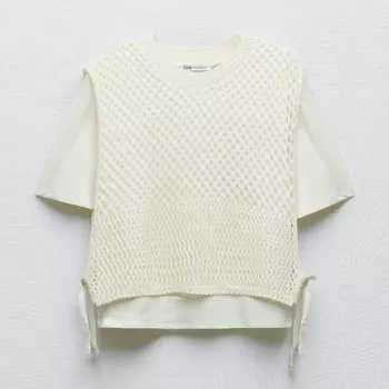 Футболка Zara Contrast With Chunky Knit Vest Detail, кремовый