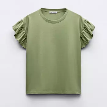Футболка Zara Cotton With Ruffles, хаки