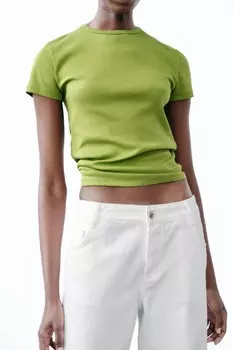 Футболка Zara Ribbed Short Sleeve, зеленый