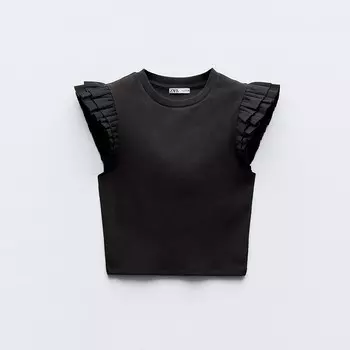 Футболка Zara Ribbed With Ruffles, черный