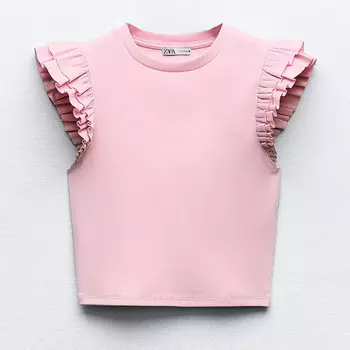 Футболка Zara Ribbed With Ruffles, розовый