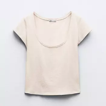 Футболка Zara Slub Knit Cropped, бежево-светло-серый