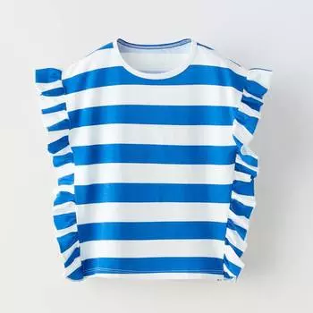 Футболка Zara Striped With Ruffle Trims, синий/белый
