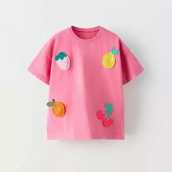 Футболка Zara Summer Camp Crochet Appliqu, ярко-розовый