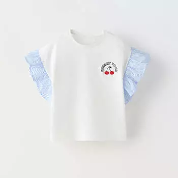 Футболка Zara Summer Camp Embroidered Shoulder Appliqu, белый/голубой