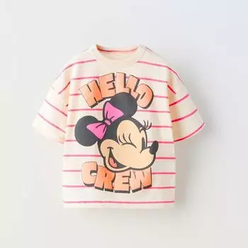Футболка Zara Summer Camp Striped Minnie Mouse Disney, бежевый/розовый