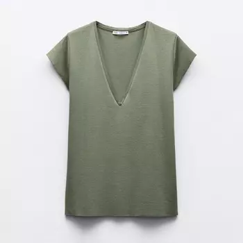 Футболка Zara V-Neck Cotton, хаки