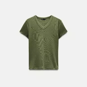 Футболка Zara V-neck Cotton, хаки
