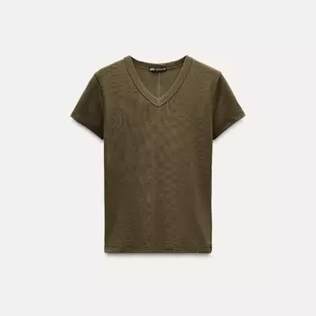 Футболка Zara V-neck Cotton, коричневый