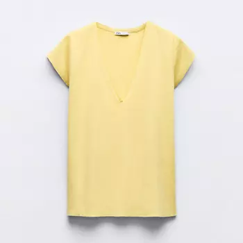 Футболка Zara V-Neck Cotton, светло-желтый