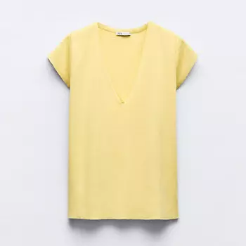 Футболка Zara V-Neck Cotton, светло-желтый
