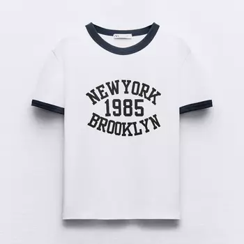 Футболка Zara Varsity With Contrast Ribbed Slogan, черный/белый