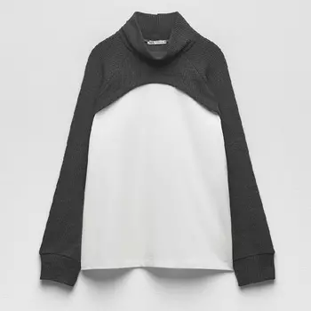 Футболка Zara With Contrast Chunky Knit Detail, белый/серый