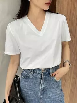 Футболка женская DAZY, однотонная, V-образный вырез, повседневная, белый цвет