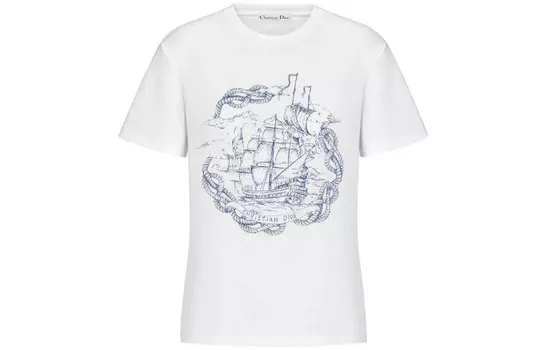Футболка женская Dior с принтом коробля, белый