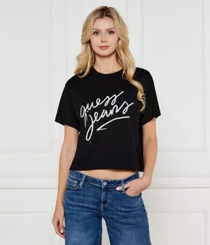 Футболка женская Guess Jeans короткая с надписью, черный