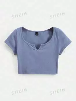 Футболка женская Shein Basics укороченная с вырезом, синий